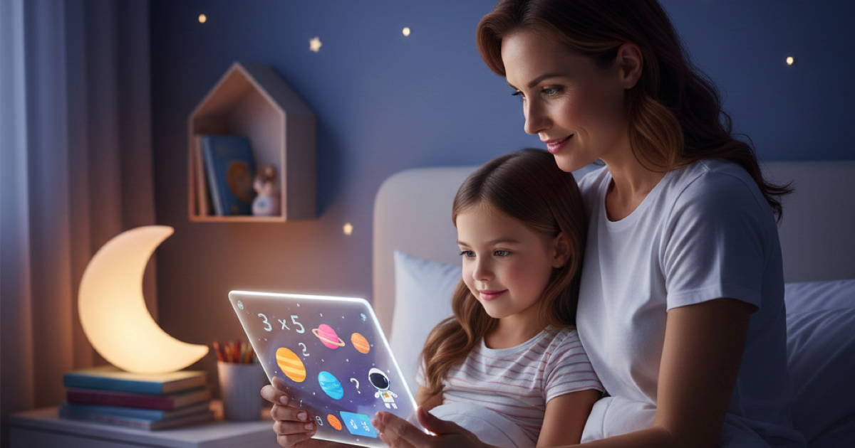 Parent and child reading together at bedtime