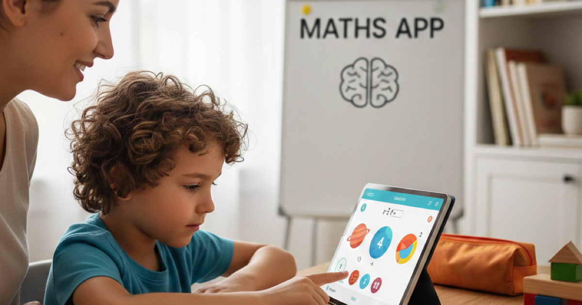 Child using a tablet with a maths learning app