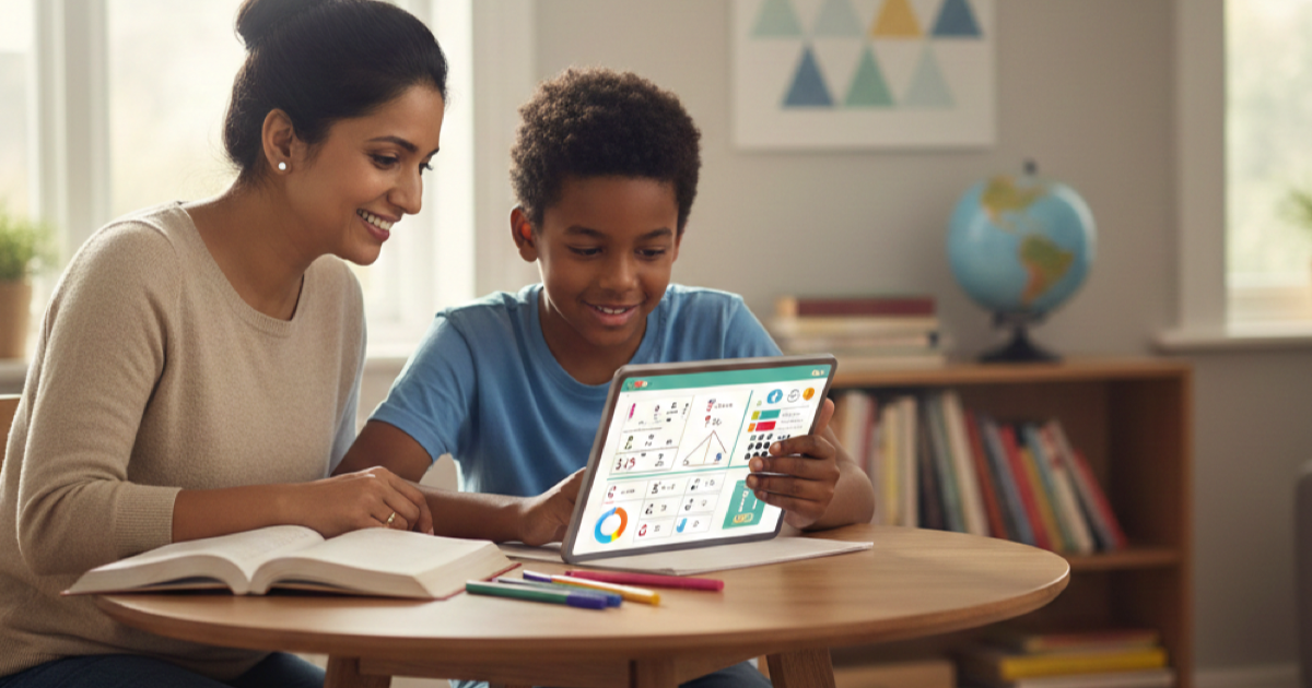 Parent and child reviewing maths together at a kitchen table