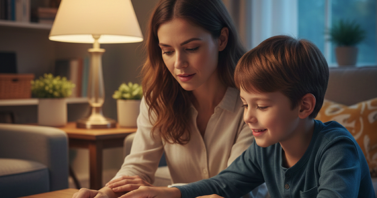 Parent encouraging a child with a warm smile