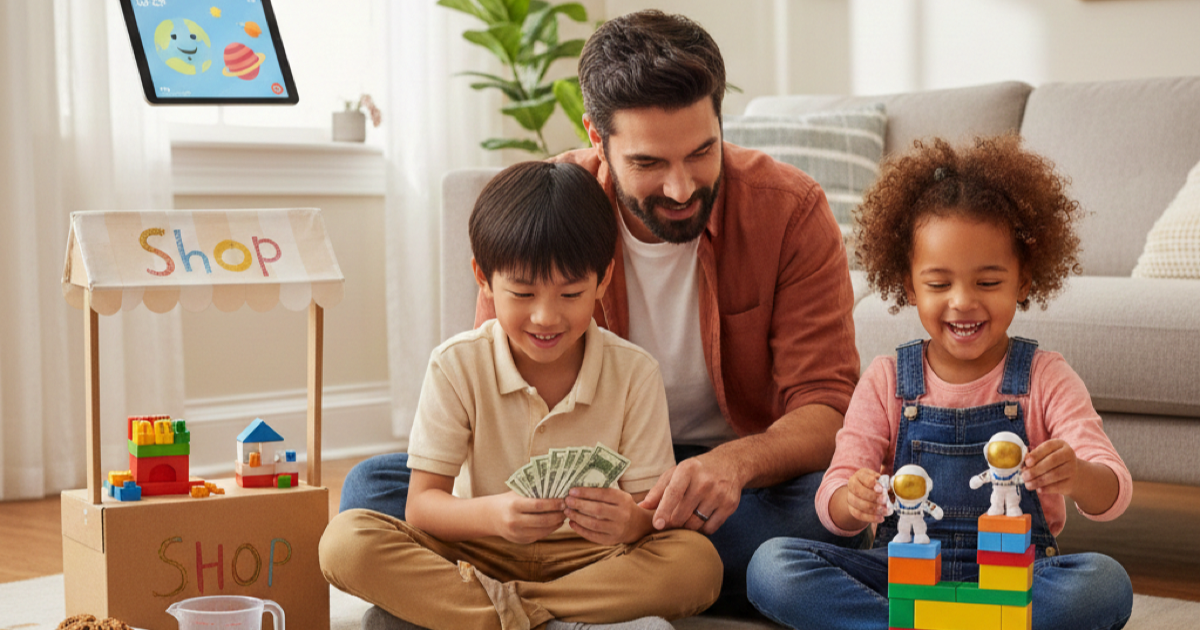 Parent and child baking together in a kitchen